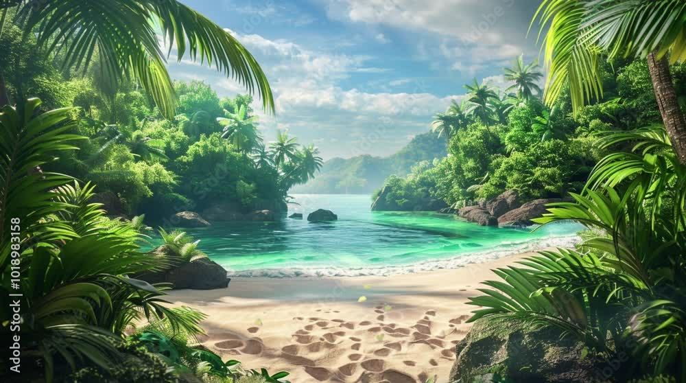 Tropical beach with crystal-clear water and palm trees on a sunny day, offering a serene island paradise experience
 Seamless looping 4k time-lapse virtual video animation Generated AI