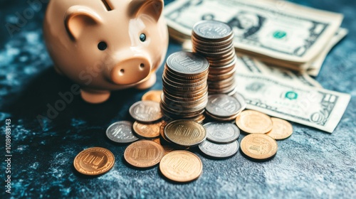 Savings with Coins and Dollar Bills on a Table