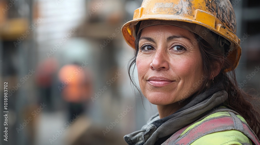 woman in a hard hat and work vest, smirking confidently while working on a construction site, middle-aged and experienced, representing safety and leadership in the industry woman in a hard hat and work vest, smirking confidently while working on a construction site, middle-aged and experienced, representing safety and leadership in the industry