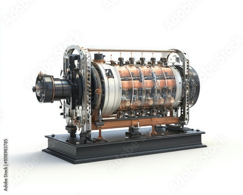 An electric dynamo machine, floating on a white background, showcasing its innovative, energy-efficient design.