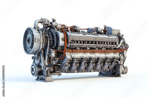 An industrial diesel engine, isolated on a plain white background, showing off its intricate mechanical parts.