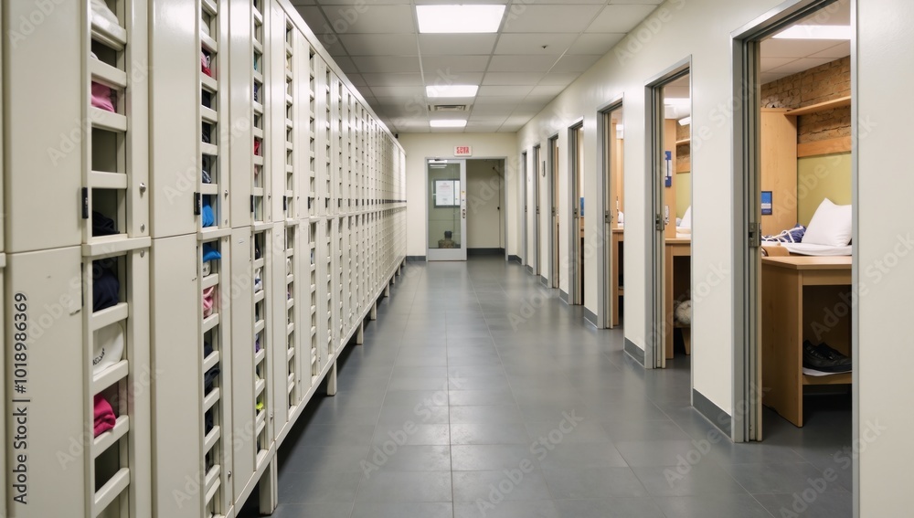 Panoramic view showcasing hostel interiors featuring hallways storage spaces and dormitory rooms Concept Hostel Interiors Panoramic view showcasing hostel interiors featuring hallways storage spaces and dormitory rooms Concept Hostel Interiors