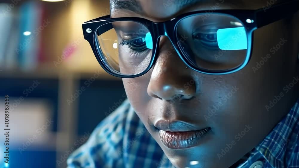 A focused young learner explores innovative concepts using technology at home, enhancing knowledge in a cozy environment during the evening A focused young learner explores innovative concepts using technology at home, enhancing knowledge in a cozy environment during the evening
