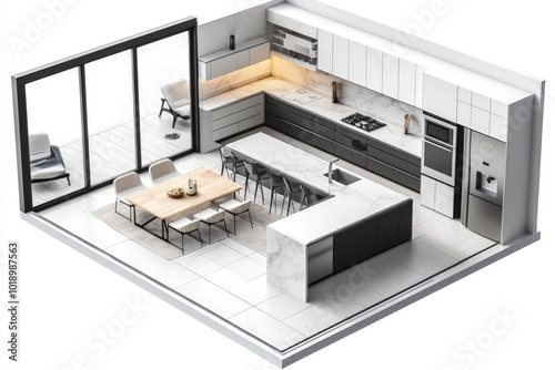 Open-concept kitchen isometric 3D render with a large island, dining area, and seamless flow into the living space, floor plan on white.