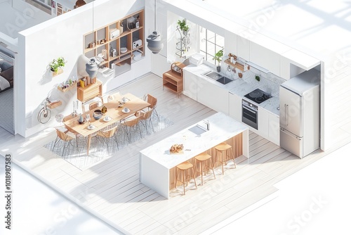 Open-concept kitchen Isometric 3D Render featuring a large island, dining area, and seamless flow into the living space, shown in a floor plan on white. photo