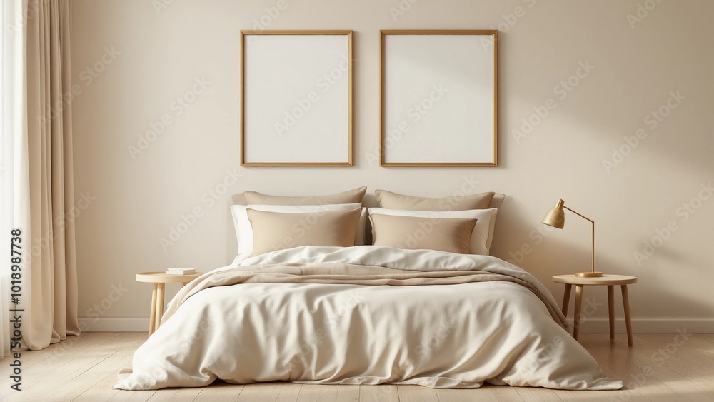 Minimalist Beige Bedroom with Gold Lamp and Neutral Bedding
Minimalist Beige Bedroom with Gold Lamp and Neutral Bedding