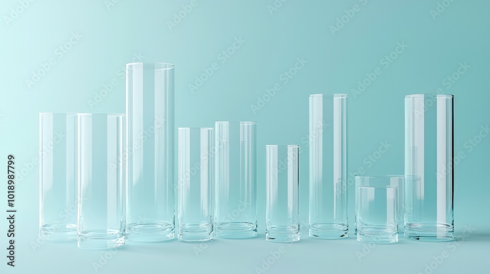 Fototapeta premium Clear glass cylinders varying heights arranged on a pale blue background, designed for elegant product displays or presentations