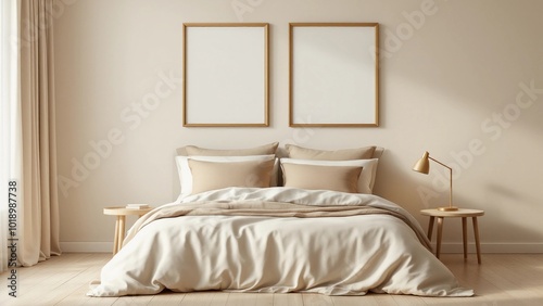 Minimalist Beige Bedroom with Gold Lamp and Neutral Bedding
