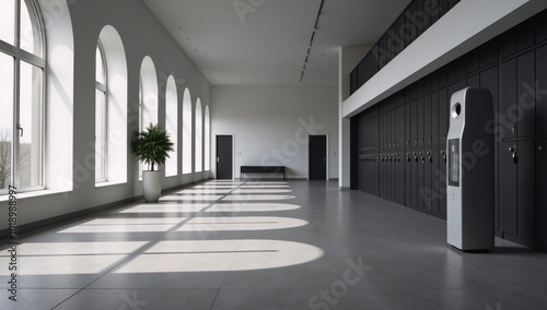 Modern technology-inspired empty room mockup featuring productslab equipment banks and lockers ideal for showcasing products within spacious settings