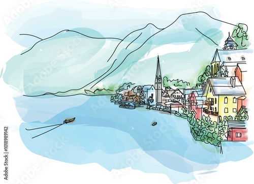 Hallstatt old town and Hallstatter See lake in Upper Austria. Hallstatt is a village in the Salzkammergut region near Salzburg in Austria. Vector illustration