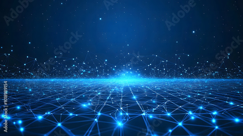 Blue technological background design with glowing connection lines and a grid floor vector presentation design illustration design