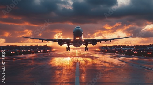 airplane taking off at sunrise or sunset from the runway, landing gear down, viewed from behind as the jetliner prepares for its flight, capturing the moment of departure photo