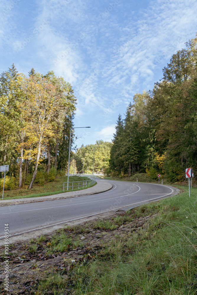 Fototapeta premium A view of a winding road winding between trees. A mountain asphalt road winding between high hills covered with forest.