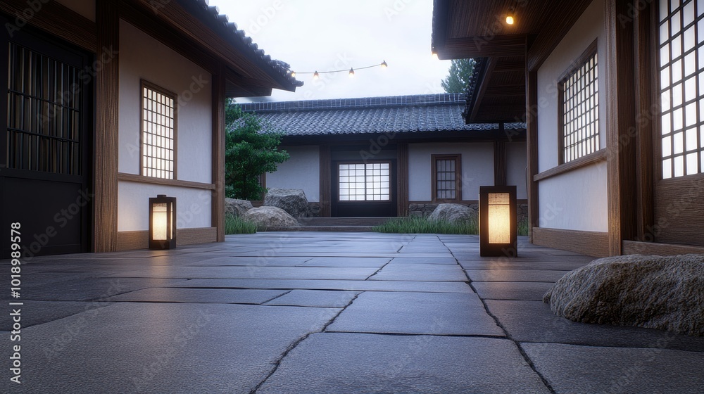Obraz premium The small indoor patio features a black wooden table surrounded by flower pots, illuminated by string lights and lanterns, creating a warm ambiance