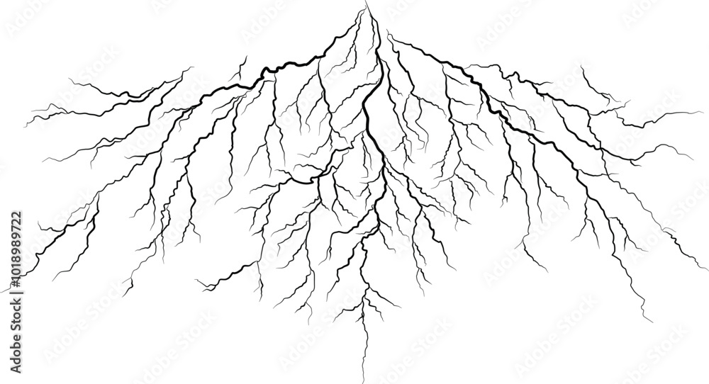 Fototapeta premium Lightning discharges, Lightning between clouds and ground, Strokes of cloud to ground lightning strike realistic contour, outline lines drawn on a white background
