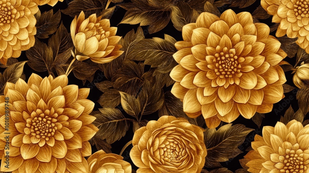 Golden dahlias and leaves in a seamless luxury pattern. -- Golden dahlias and leaves in a seamless luxury pattern. --
