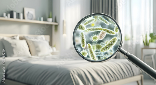 The magnifying glass shows bacteria on the bed. There's bacteria in the bed. The concept of bacteria multiplying in a bed.