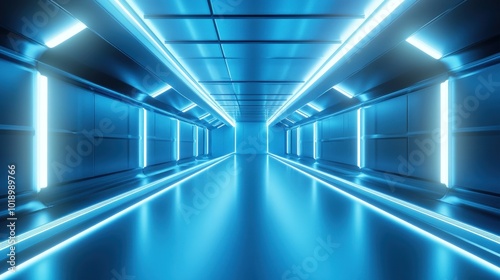 Futuristic blue neon glowing hallway with a reflective floor.