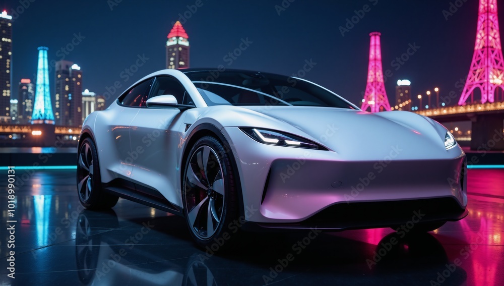 Launching an electric car startup amidst hi-tech urban backdrop with innovative communication concepts Launching an electric car startup amidst hi-tech urban backdrop with innovative communication concepts