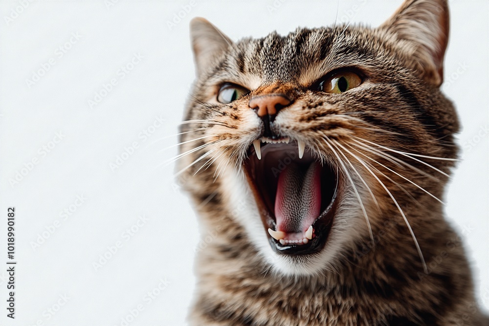 Naklejka premium A cat displays a mix of annoyance and shock, captured in a humorous and thrilled expression. This image showcases the amusing and unpredictable nature of feline emotions.