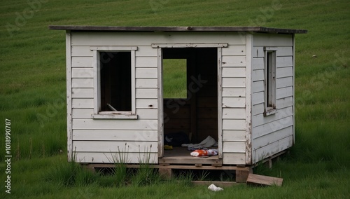 Dilapidated shack scene with wooden pallets and overgrown green grass representing a poor cabin