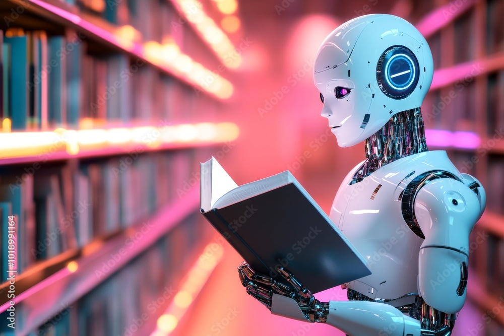 Fototapeta premium Robot Reading Book in Futuristic Library