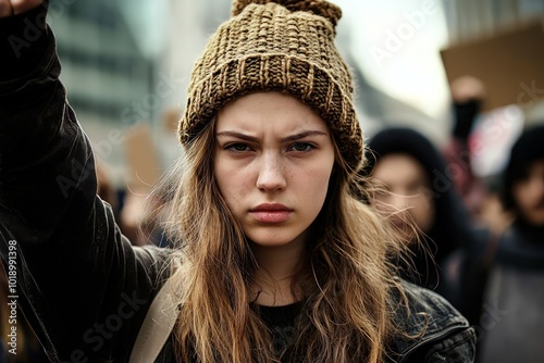 Portrait a young female protestor with a defiant expression, embodying strength and determination.