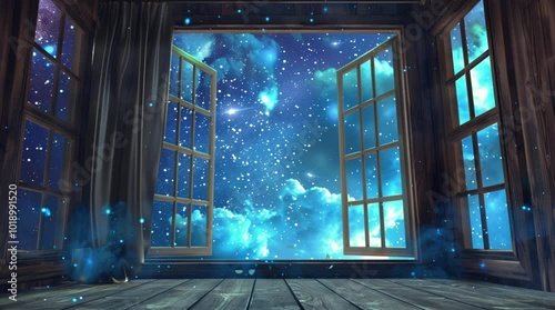 A cozy room with an open window framing a starry night sky and a breathtaking fantasy landscape, inviting a sense of wonder and tran Seamless looping 4k time-lapse virtual video animation Generated AI