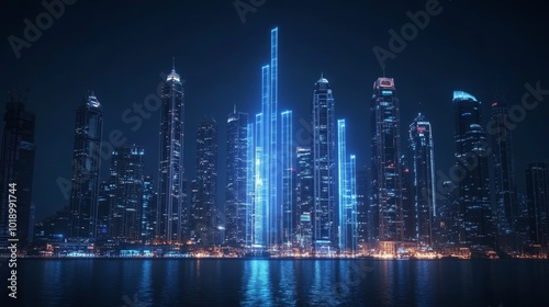 Wallpaper Mural Night city skyline with metallic bar graph rising between skyscrapers. Torontodigital.ca