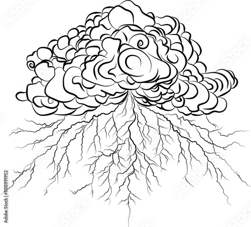 Clouds lightning discharges, Lightning between clouds and ground, Strokes of cloud to ground lightning strike realistic contour, outline lines drawn on a white background