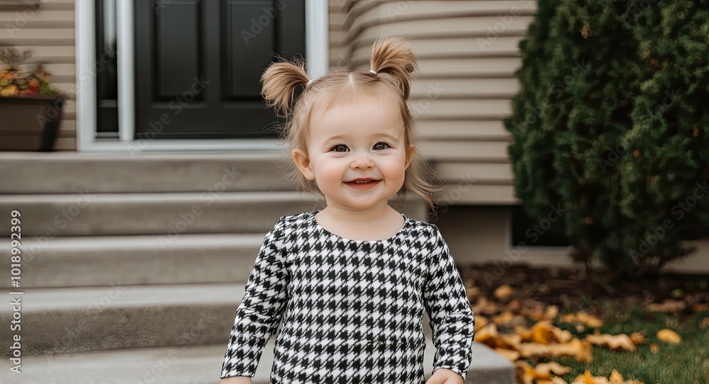 A cheerful little girl stands on the stairs in front of her house, dressed in a houndstooth-patterned dress, smiling brightly on a lovely autumn afternoon. A cheerful little girl stands on the stairs in front of her house, dressed in a houndstooth-patterned dress, smiling brightly on a lovely autumn afternoon.