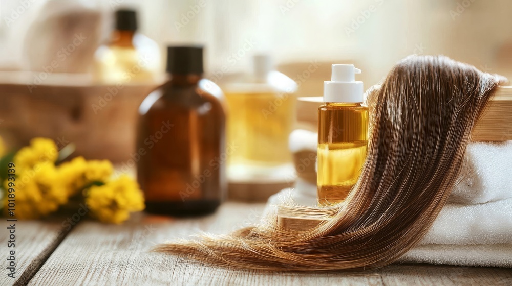 Fototapeta premium Vitamin oil hair serum, a moisturizing treatment to prevent damage. -
