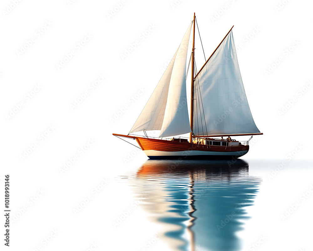 Fototapeta premium Sailboat with white sails on calm waters, white isolate background.