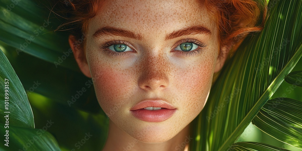 skincare and beauty concept with a portrait of a young red-haired woman with flawless smooth skin hiding behind giant tropical leaves perfect for promoting bio cosmetics and spa salon services skincare and beauty concept with a portrait of a young red-haired woman with flawless smooth skin hiding behind giant tropical leaves perfect for promoting bio cosmetics and spa salon services