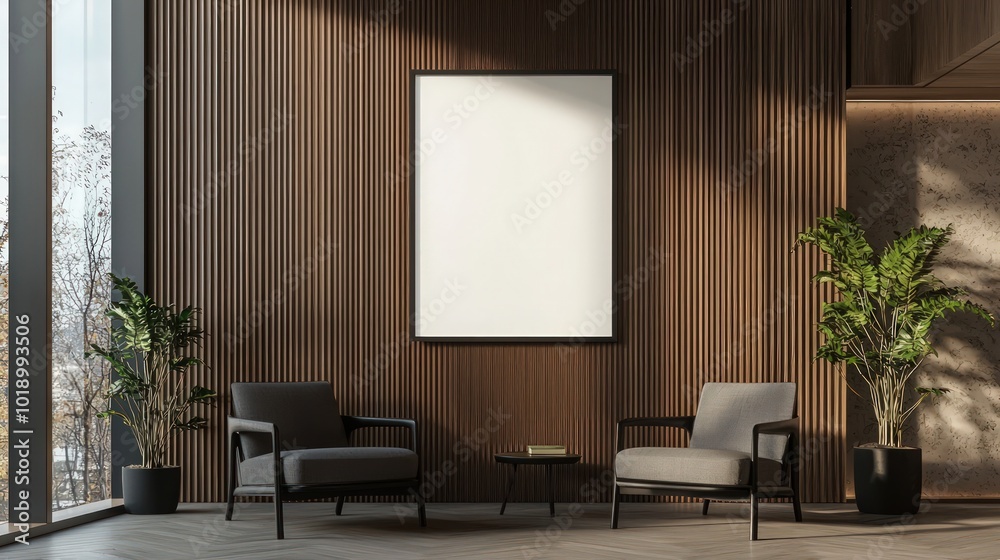 Minimalist blank poster frame hanging on a wooden wall in a modern interior space during daytime Minimalist blank poster frame hanging on a wooden wall in a modern interior space during daytime