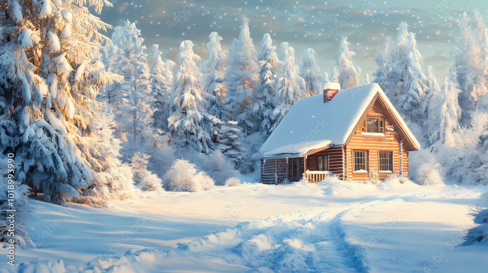 Naklejka premium Cozy snow covered winter cottage in snowy pine forest landscape. Snowy Pine Forest. Illustration