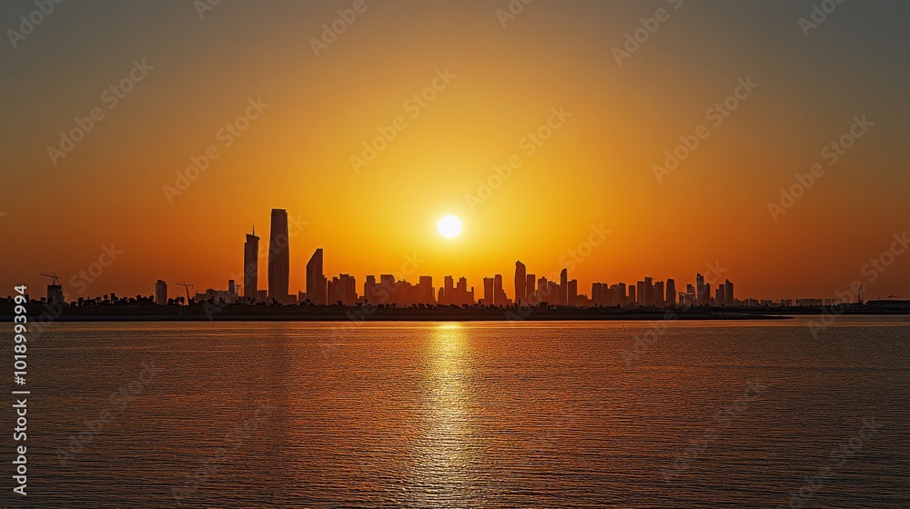 Abu Dhabi Skyline at Corniche glowing in the setting sun’s golden light Abu Dhabi Skyline at Corniche glowing in the setting sun’s golden light