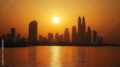 Abu Dhabi Skyline at Corniche glowing in the setting sunâ€™s golden light