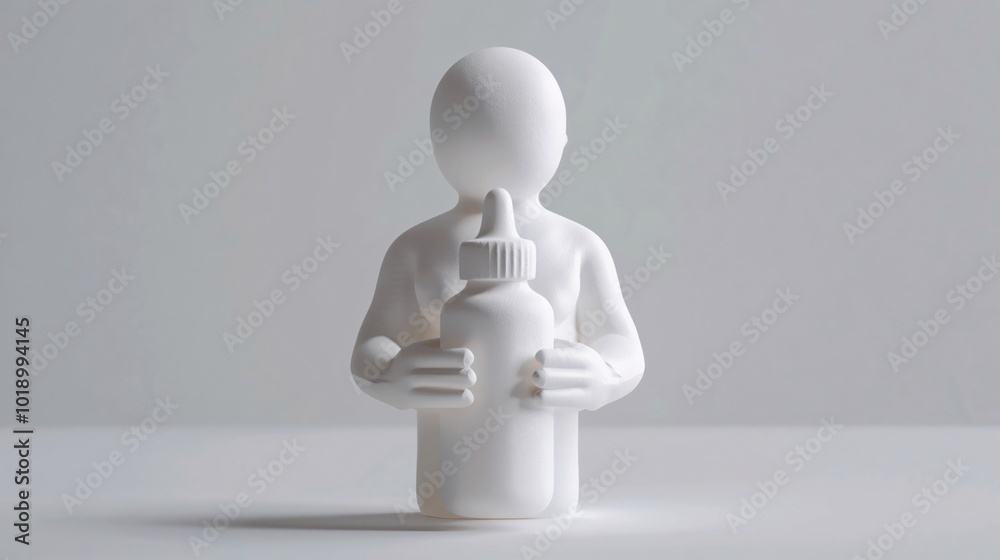 White Sculpture of a Figure Holding a Baby Bottle White Sculpture of a Figure Holding a Baby Bottle