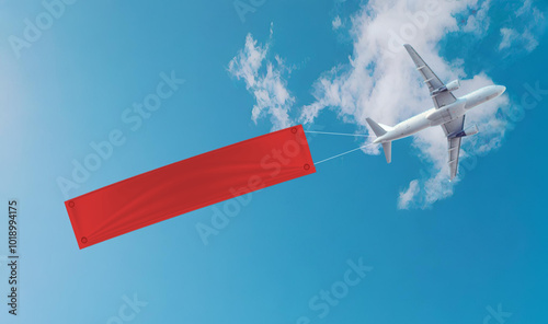 plane flying in clear blue sky is towing large red banner, creating striking visual against clouds. scene captures sense of adventure and promotion.  promotion sale advertising banner