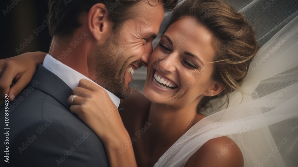 Happy bride and groom after wedding ceremony. Neural network ai generated art Happy bride and groom after wedding ceremony. Neural network ai generated art