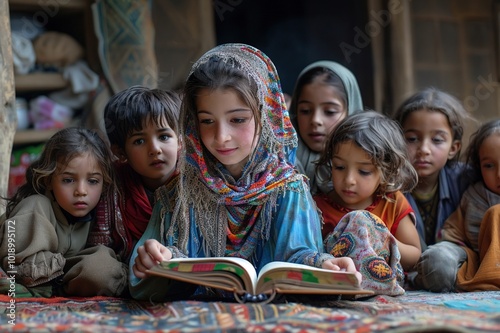 A group of people engaging in acts of care such as reading to children