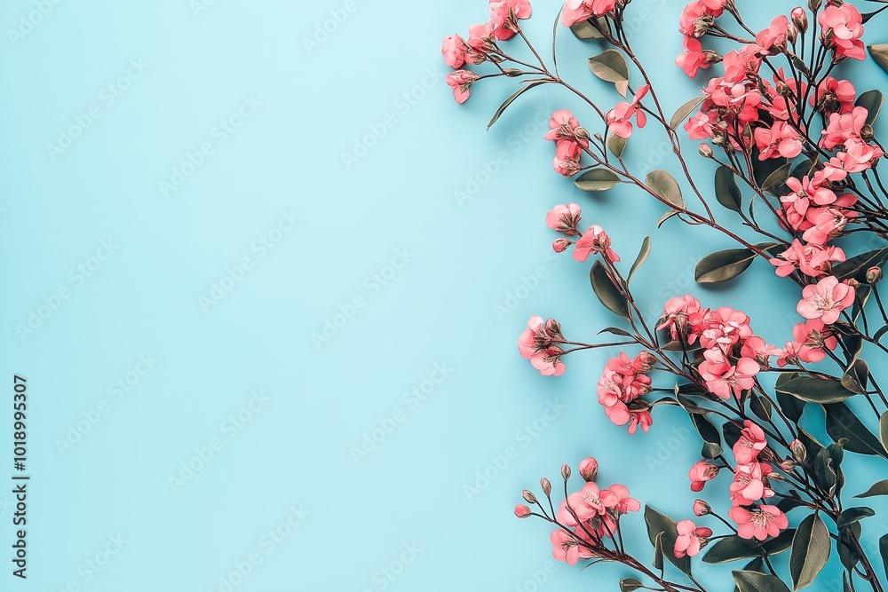 Fototapeta premium Delicate pink blossoms arranged elegantly against a vivid blue background capturing spring's essence.