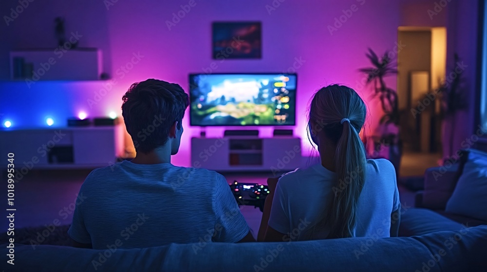 Couple enjoys playing video games together in their cozy living room, illuminated by colorful tv lights, creating a happy and relaxed atmosphere Couple enjoys playing video games together in their cozy living room, illuminated by colorful tv lights, creating a happy and relaxed atmosphere