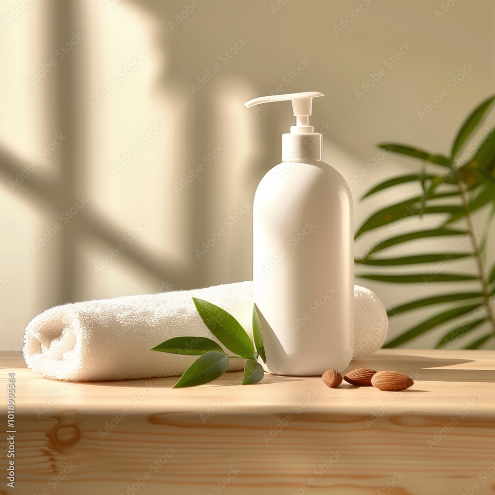 Natural Skincare Setting with Almonds, Lotion Bottle, and Towel in a Sunlit Environment Natural Skincare Setting with Almonds, Lotion Bottle, and Towel in a Sunlit Environment