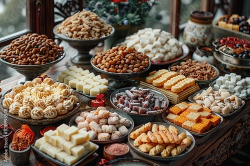 A table with traditional Lunar New Year sweets and snacks.