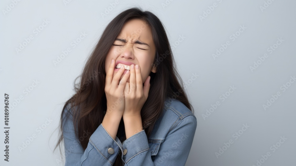 Woman feel toothache from gingivitis, female suffer tooth, decay problems, dental care. Neural network ai generated art Woman feel toothache from gingivitis, female suffer tooth, decay problems, dental care. Neural network ai generated art