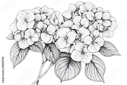 Simple yet detailed black-and-white line art illustration hydrangea flowers, ideal for childrena??s coloring books or artistic projects. photo