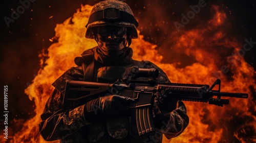 Special forces soldier in the fire on dark background. Neural network ai generated art