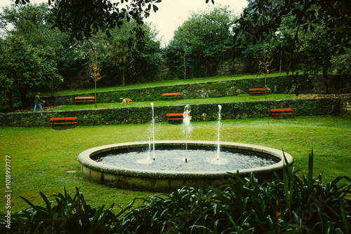 Serene Garden with Fountain and Walking Dog